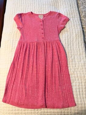 Girls Pink Ribbed Knit Button-Front Dress